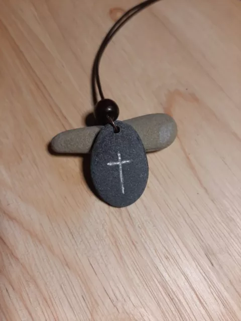 Christian Cross Carved Stone Pendant Necklace