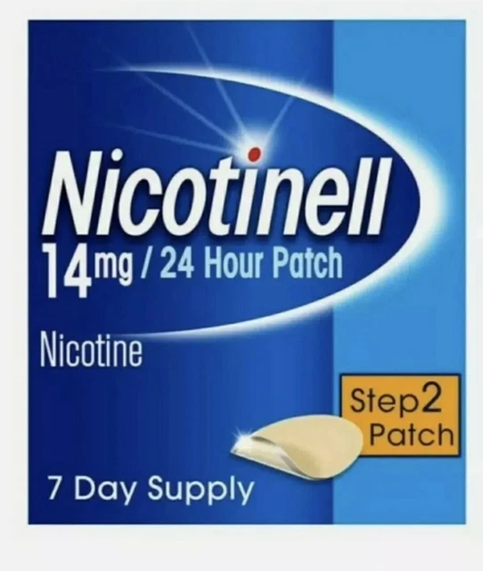 Parche de nicotina Nicotinell ""Paso 2"", 14 mg-24 horas, suministro de 7 días, totalmente nuevo espi largo