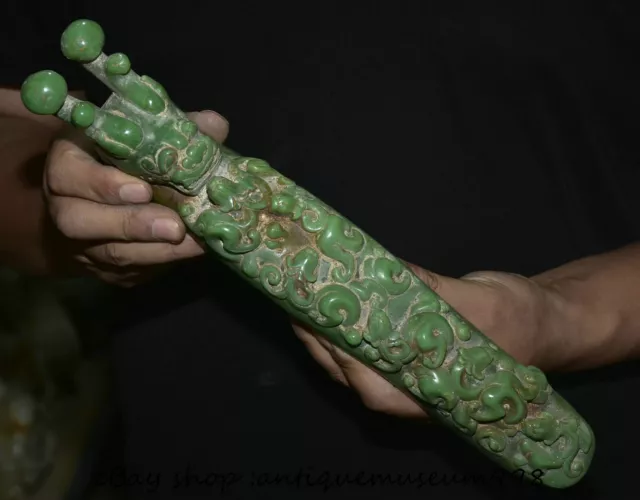 12.4" Old Chinese Green Jade Carving Fengshui Dragon Hook Gou Statue