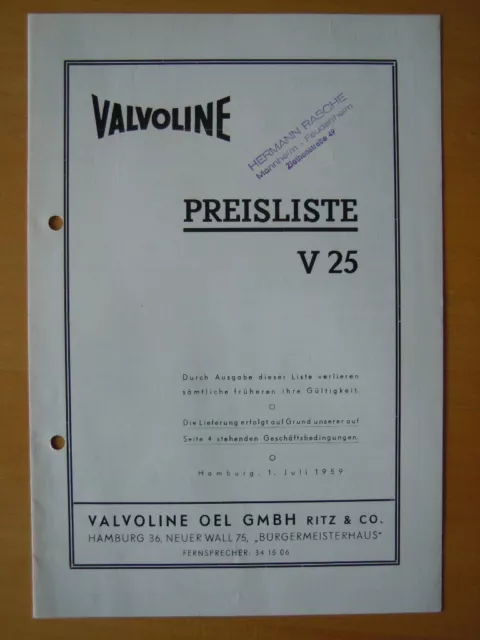 VALVOLINE Preisliste 1959  VALVOLINE Motoröl Super