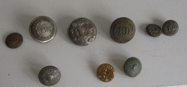 6 Obsolete Fire Buttons & 3 Railroad buttons 2 Boston & Maine 1 Signal