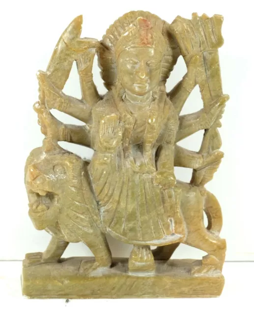 Vintage Hindu Goddess Durga Mounted on Lion Small Hand Carved Stone Figure