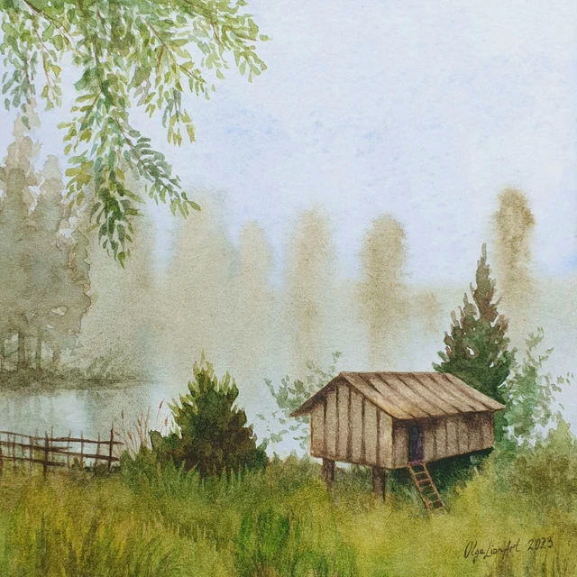 Landscape Wall Art Original Watercolor Painting On the river bank 2023 Matted