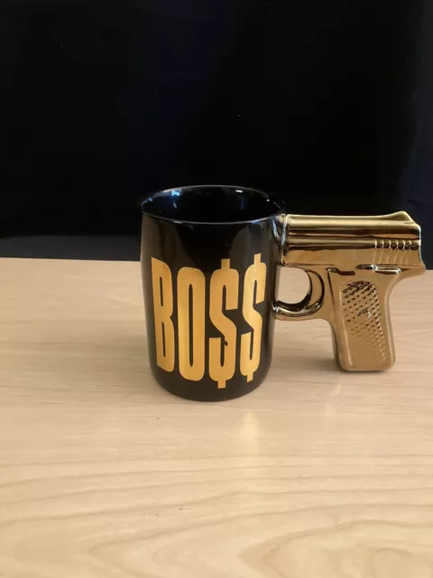 BOSS Gun Mug BO$$ Gold Tone Handle  Just Funky Coffee Mug Cup 16 Oz