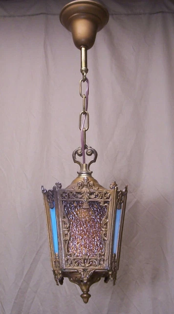 Vtg Light Fixture French Spanish Antique Pendant Stained Glass Rewired USA #T24