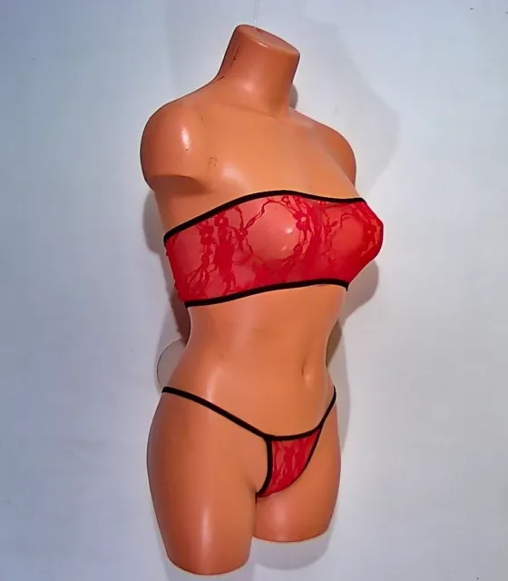 red flower lace sheer spandex mesh banded tube top thong pantie lingerie set