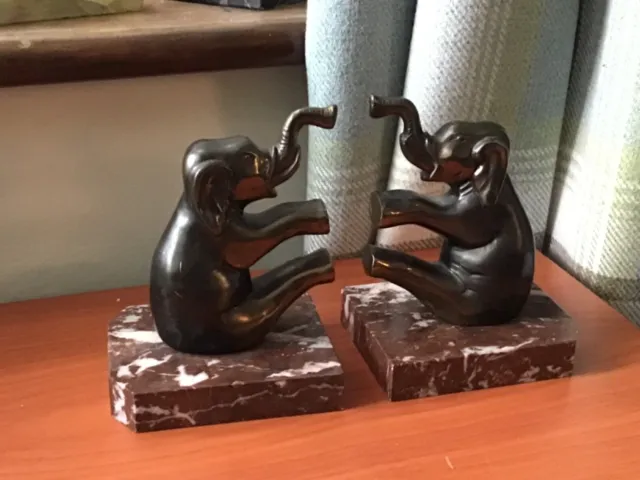 Pair Art Deco bronzed spelter purple marble elephant bookends French signed JAMA
