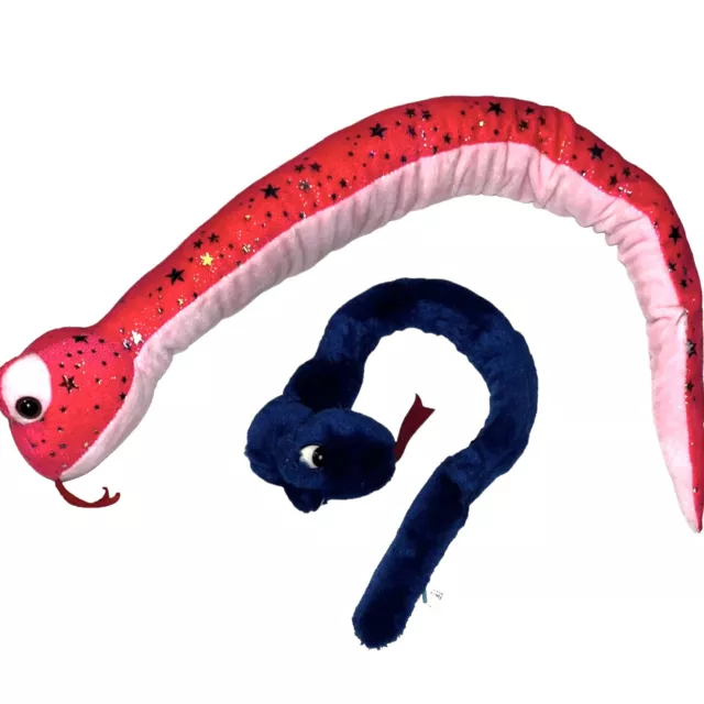 Snake Plush Stuffed Animal Lot of 2 Pink Foil Stars Blue 19” and 28” Acme