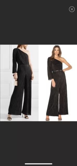 Alice + Olivia Keiko One-Shoulder Black Pleated Wide Leg Jumpsuit Size 2