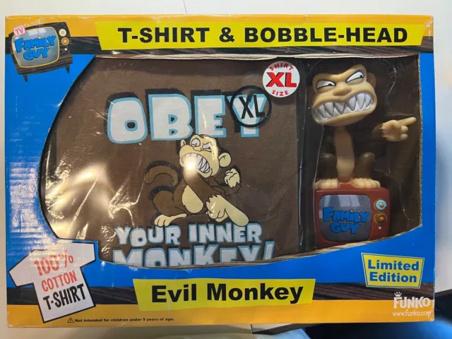 The FAMILY GUY'S EVIL MONKEY XL T-Shirt  & Wacky Wobbler Bobble-Head by FUNKO
