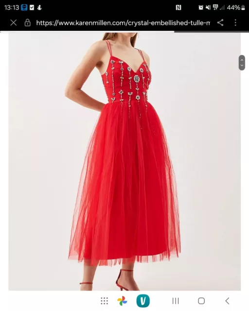 Karen Millen Size 16 Red Crystal Embellished Tulle Midi Dress