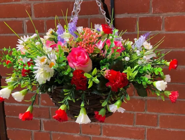 Artificial flower hanging basket pink roses lilies carnations hand made unique