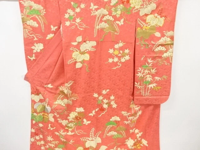 6883873: Japanese Kimono / Antique Furisode / Mon Kinsha / Embroidery / Paulowni