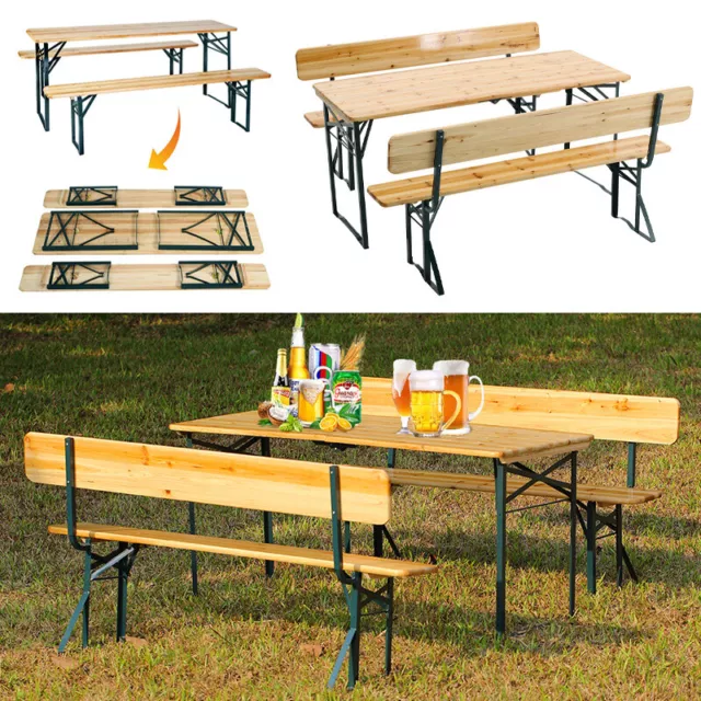 Portable Folding Wooden Beer Table & 2 Benches Set Picnic Party Trestle Chairs
