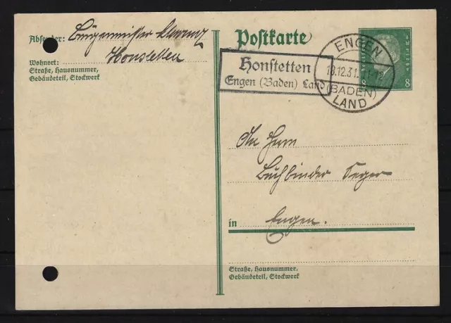 L531) Dt Reich Ganzsache mit Stempel Posthilfsstelle Honstetten Engen Baden Land