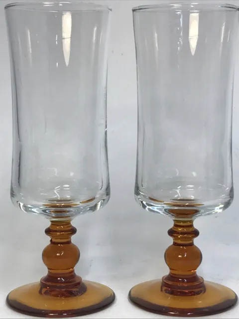 Pair Vintage 6” High Amber Stemmed French Champagne / Aperitif Glasses 2