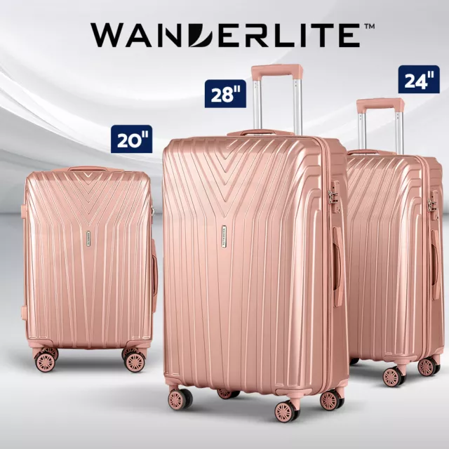 Wanderlite 3pc Luggage Trolley Set Suitcase Travel TSA Hard Case Carry On Pink