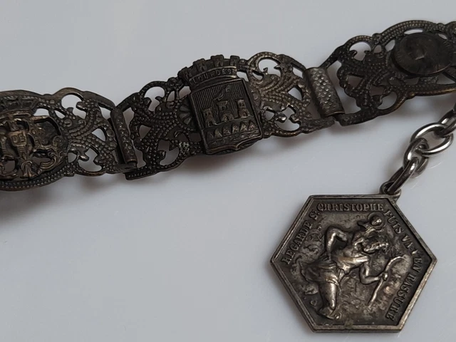 Bracelet Souvenir Ancien De Paris - Laiton émaillé Avec Blason Et 8 Monuments - Longueur 19-20cm