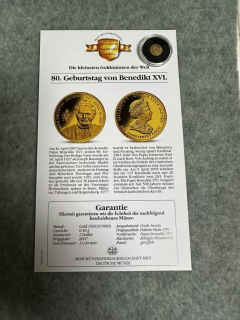Kleinste  Goldmünze der Welt ! 80 Geburtstag von Benedikt XVI 0,50 g 999,9/1000
