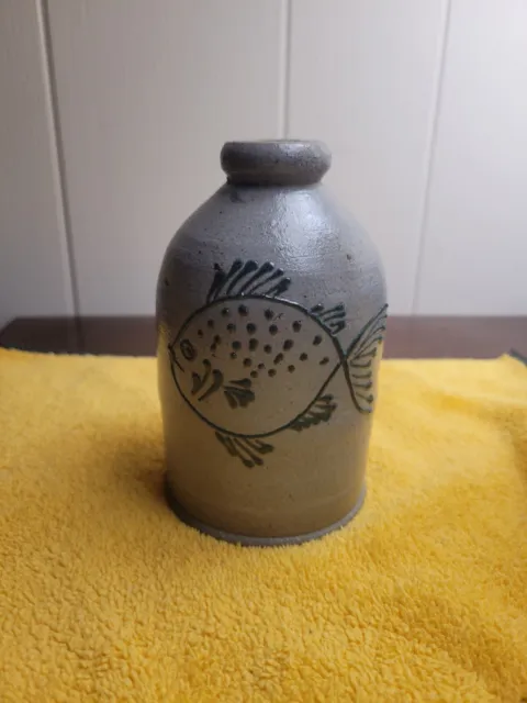 Rockdale Union Stoneware Pottery Small Crock Bud Vase Fish Design Salt Glaze