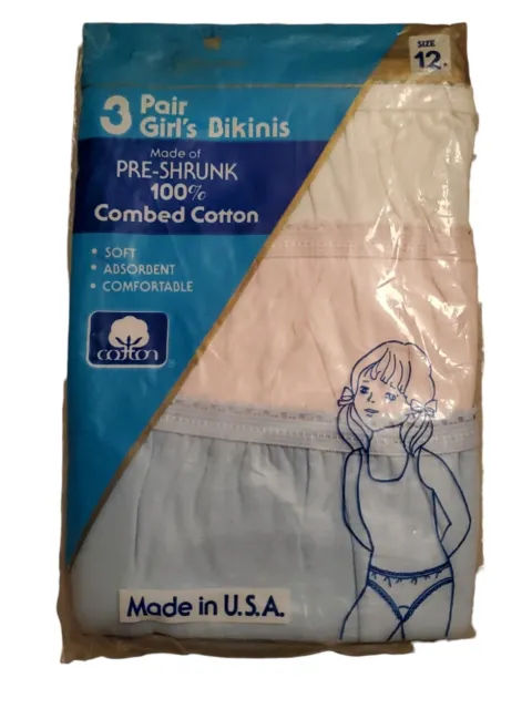 Vintage Girls Bikini Briefs Panties Underwear Size 12 Combed Cotton 3 pairs NEW