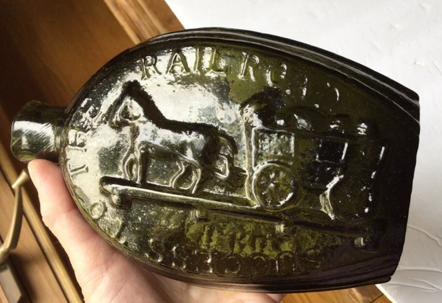 RARE 1800's "Success to the Railroad" Pontil "Green" Historical Flask Bottle