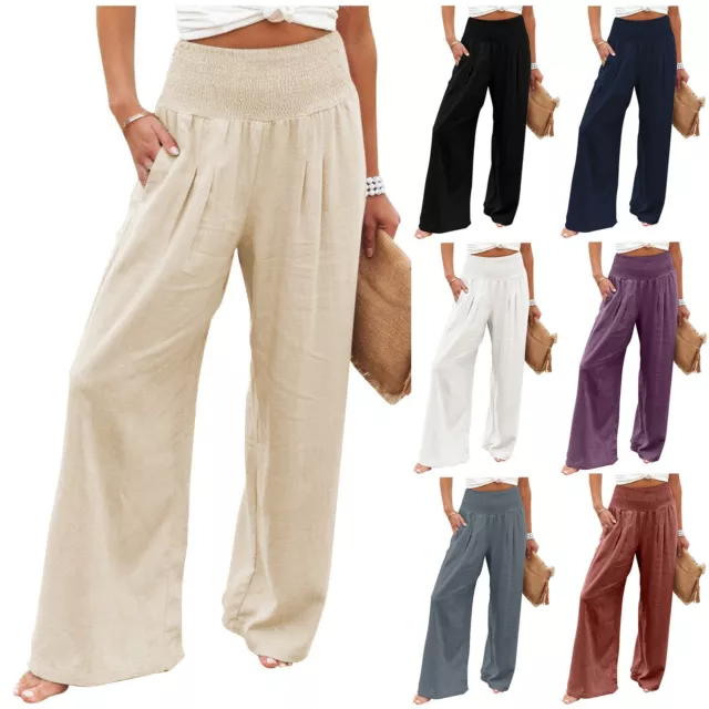 Womens Loose High Waist Cotton Linen Pants Ladies Casual Baggy Long Trousers New