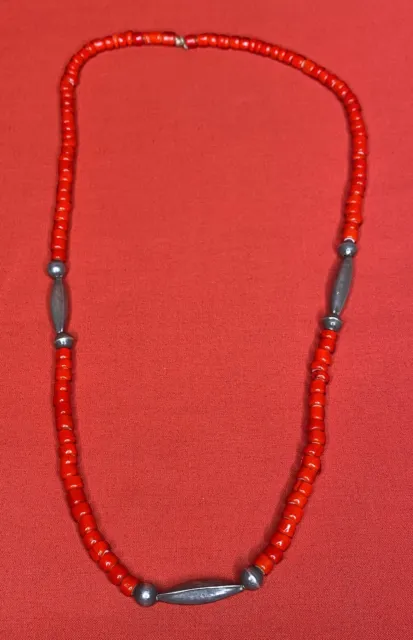 Old Vintage Red Glass Trade Beads With Sterling Silver Beads Necklace, 24” Long