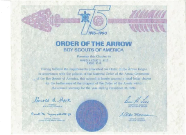 Caddo Lodge #149 OA - 75th ANN. Order of the Arrow "CHARTER" 1990