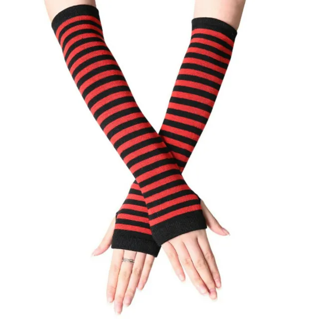 Fingerless Thumb Gloves Arm Warmers Striped Ladies Women Mitten Black and Red