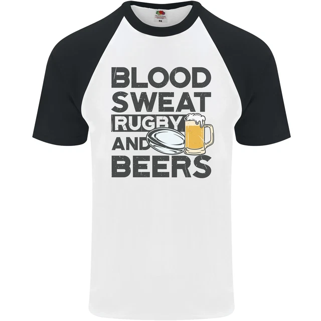 Maglietta da baseball Blood Sweat Rugby and Beers divertente da uomo S/S
