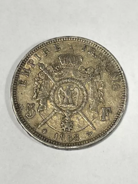 Monnaie France 5 Francs Napoléon III Tête Laurée 1868 BB Argent (173-41)