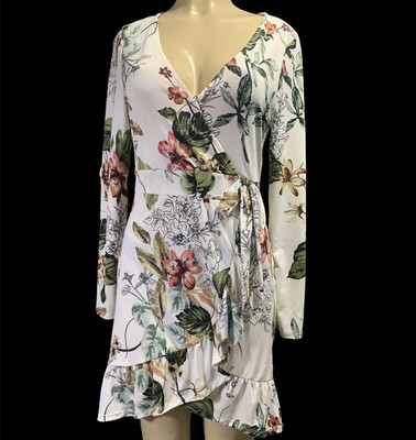 Haute Monde Hippie Wrap Flare Dress  Floral Size Large long Sleeve
