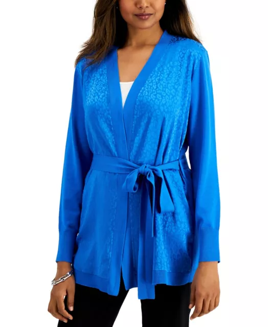 MSRP $53 Jm Collection Printed Belted Cardigan Blue Size 2XL