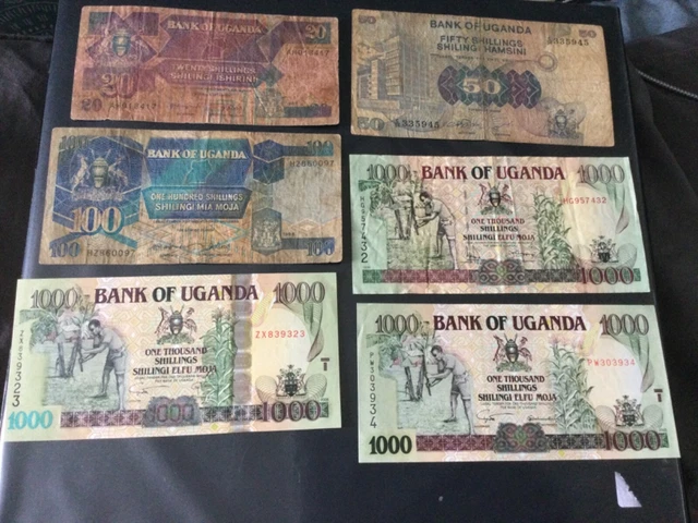 3 x 1,000 , 100, 50 & 20 Uganda Shillings banknotes. Variant Dates & Signatures