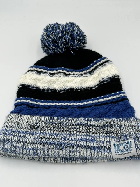 Gaylord Hotels Ice BLUE WHITE BLACK Marled Knit Beanie Cap POMPOM POOF BEANIE
