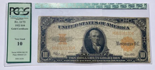 1922 ($10) Ten Dollar Gold Certificate Bearer On Demand Gold Coin Pcgs Graded 10