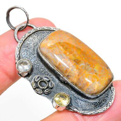 Fossil Coral, Citrine Gemstone 925 Sterling Silver Jewelry Pendant 2.25"