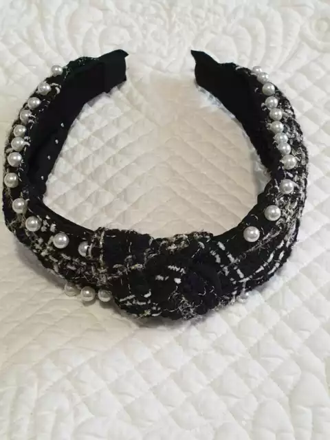Cerchietto fascia capelli donna elastico colore nero con perle nodo stoffa moda