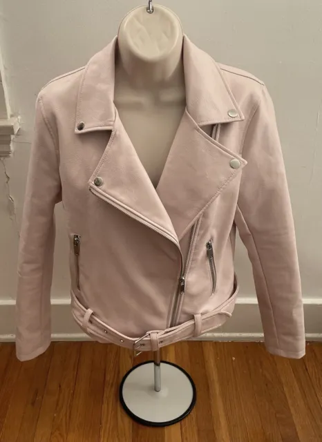 Forever 21 Pink Faux Leather Moto Jacket off Center Zip Front w/Pockets Size S