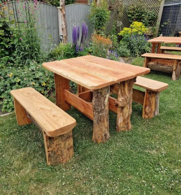 4ft chunky wood rustic country garden pub picnic log wooden table bench seat