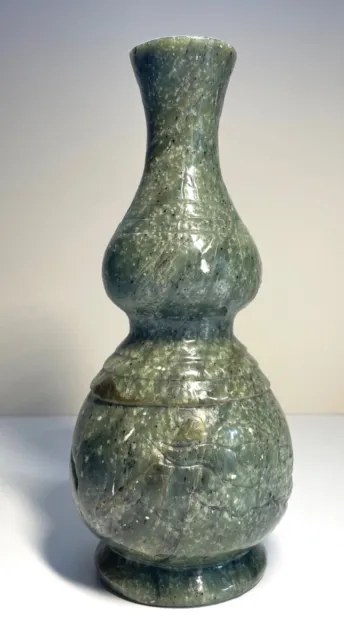 Chinese Green Jade (or Stone?)  Heavy Translucent 8" Vase Hand Carved Dragon