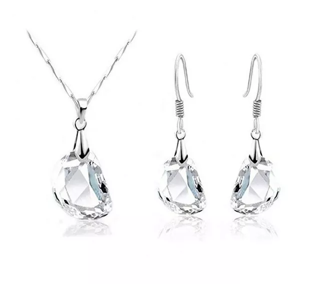 925 Silver Plated Shinny Crystal Wedding Party Bridal Earrings Necklace Set Gift