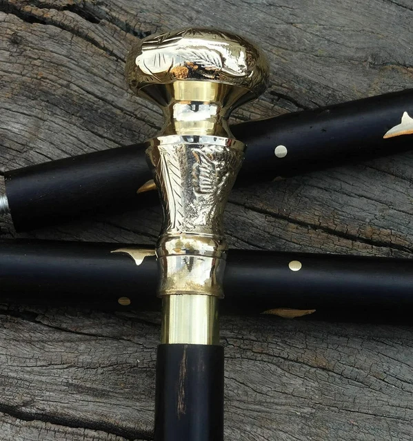 Vintage Designer Brass Head Handle Antique Victorian Cane Wooden Walking Stick