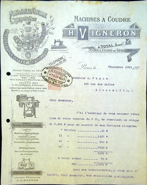 Facture Ancienne Cycles Tucacht Hygina – Document Vélo Egleny 1940