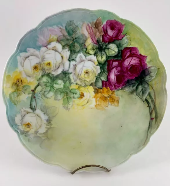 Antique MZ Austria Plate Hand Painted Roses Scalloped Porcelain Signed 9 1/2"