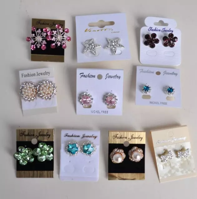 Job lot stud earrings bundle. 10 pairs. Crystal/diamante/pearl. Pink, teal green