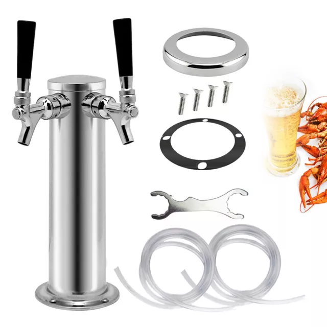Double 2 Tap Draft Beer Tower Dual Kegerator Chrome Stainless Steel Faucet 3" US