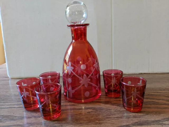 Vintage Red Etched Decanter & 5 Shot Glasses