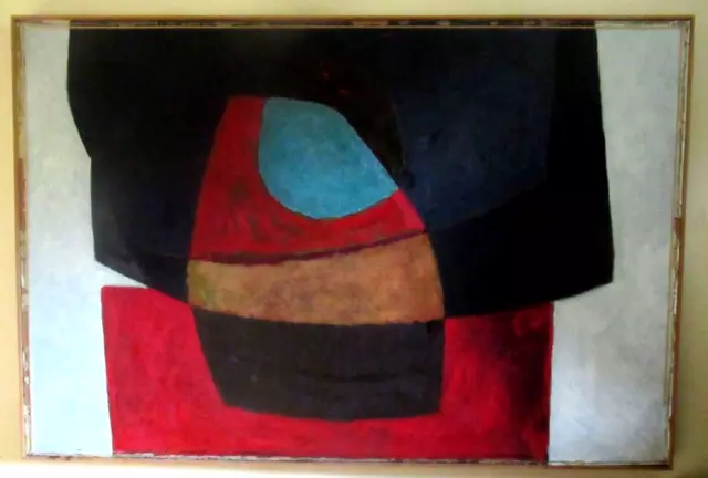 Very Large Original Mid Century Abstract Oil Painting Manner Roger Hilton Framed